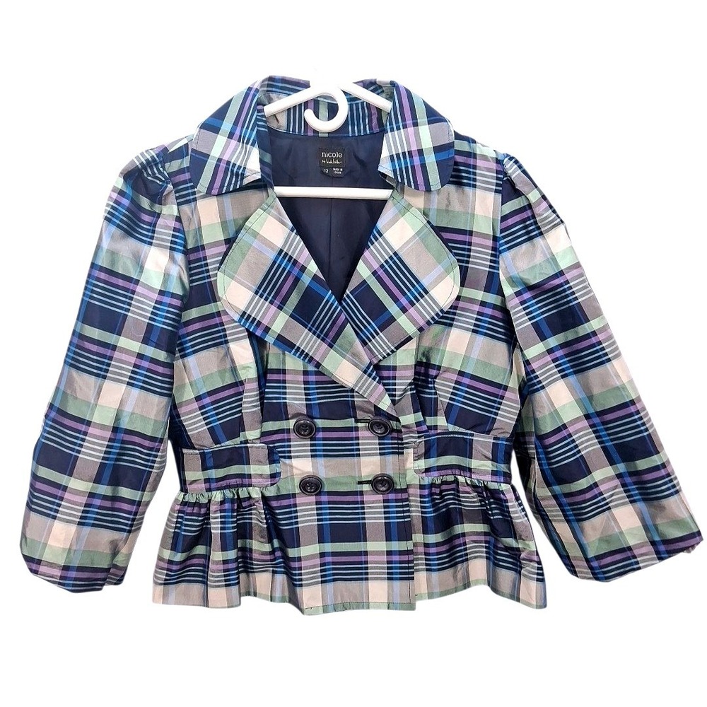Nicole by Nicole Miller Plaid Silk Blend Jacket 12 Double Breasted Peplum Blazer